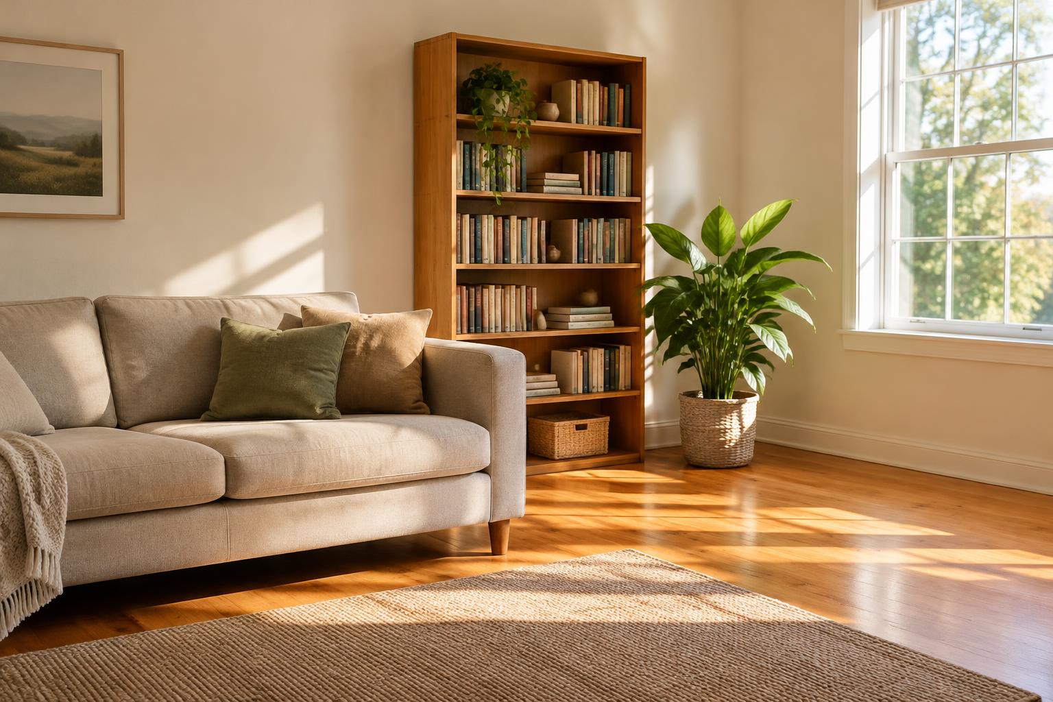 A tidy, sunlit living room with a sofa, bookshelf and houseplant