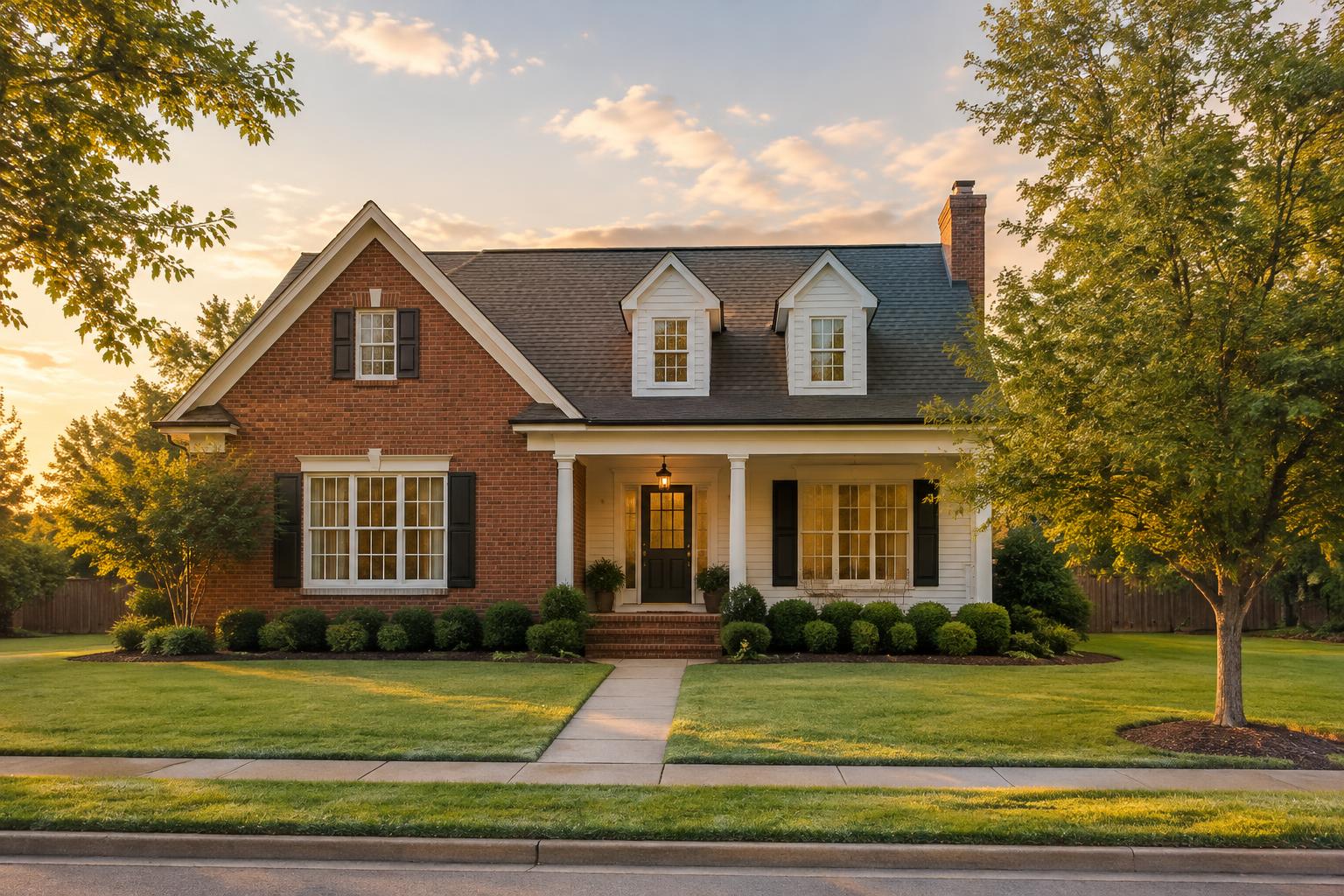 A well-kept two-story home with a covered porch and tidy front lawn at golden hour