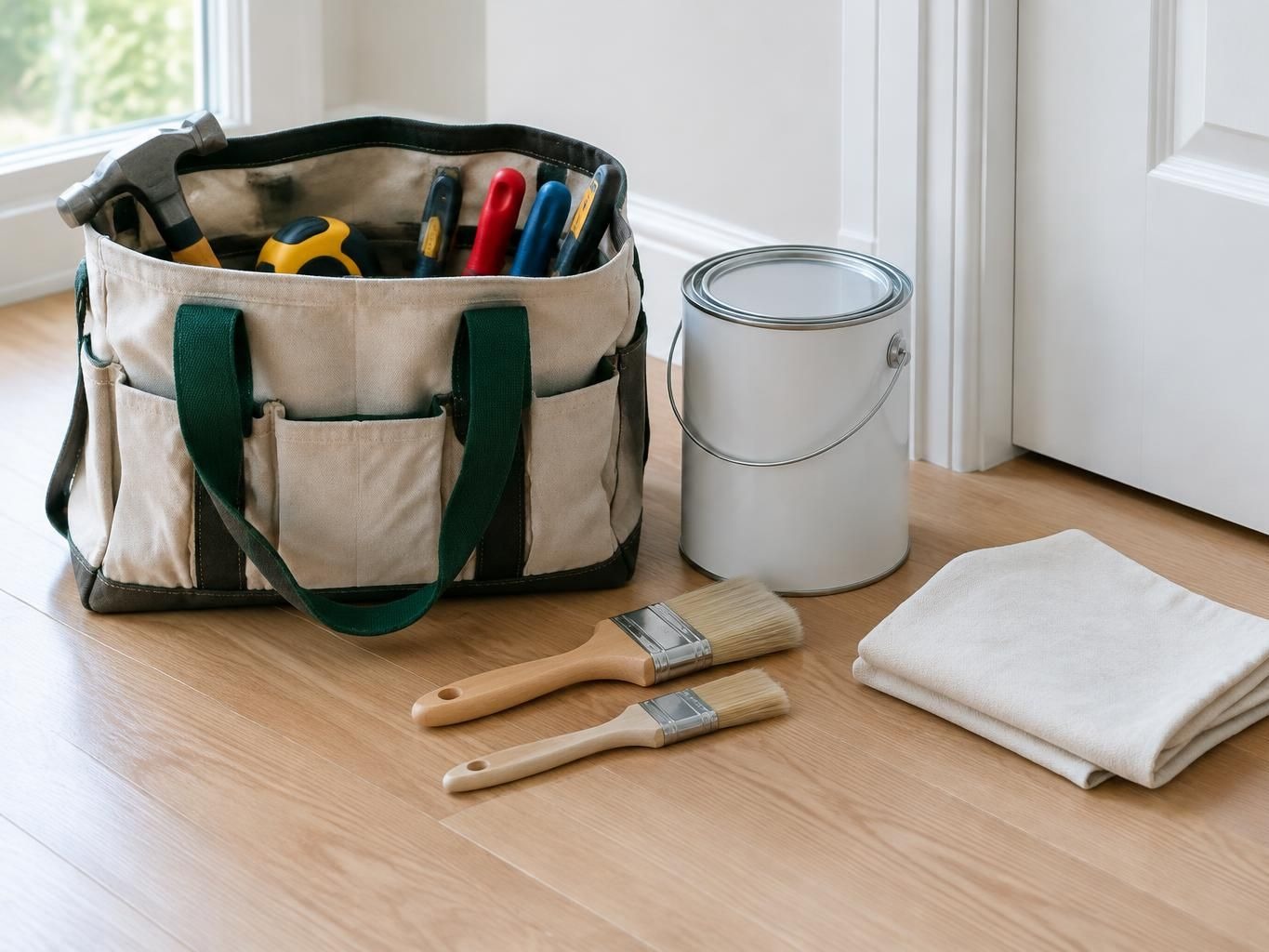 A canvas tool bag, paint can and brushes on a wooden floor beside white door trim